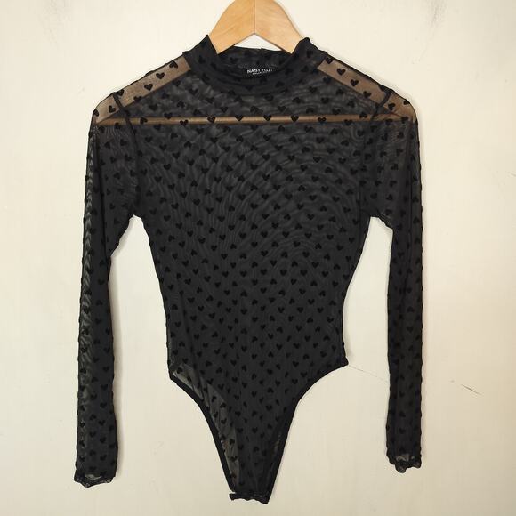 Nasty Gal Bodysuit Sheer Heart Pattern Long Sleeve - Picture 1 of 8